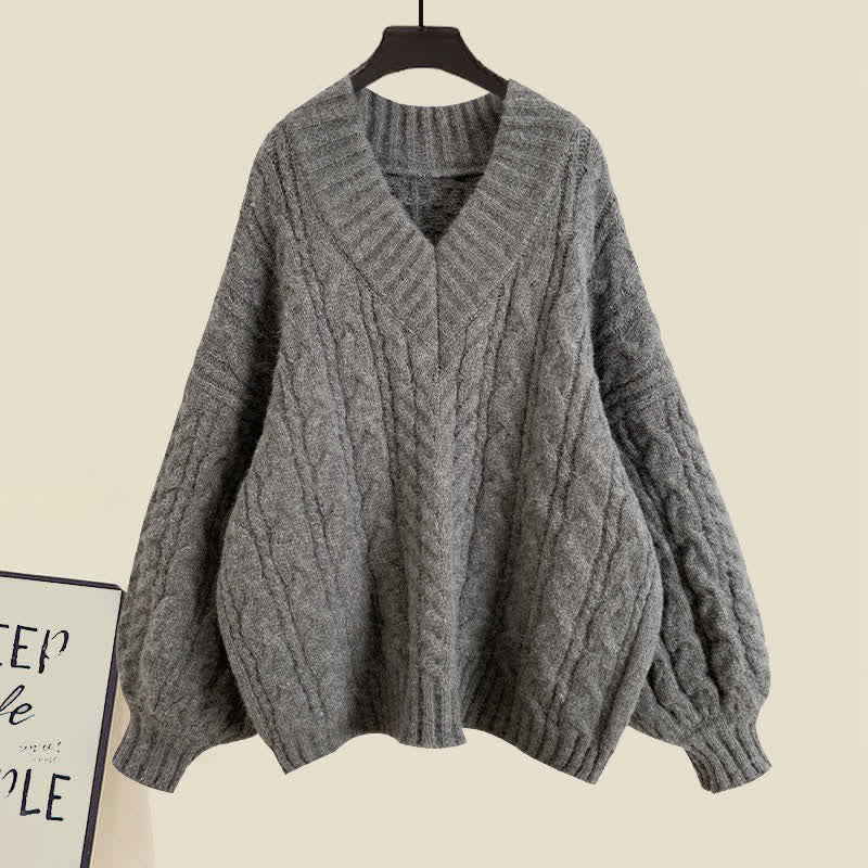 V-neck Cable Sweater Fishtail Skirt Two Pieces Set