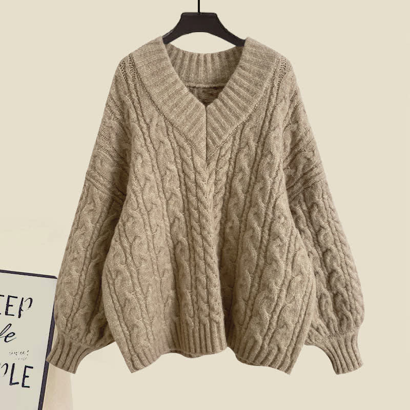 V-neck Cable Sweater Fishtail Skirt Two Pieces Set
