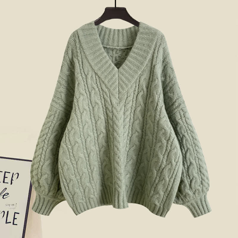 V-neck Cable Sweater Fishtail Skirt Two Pieces Set
